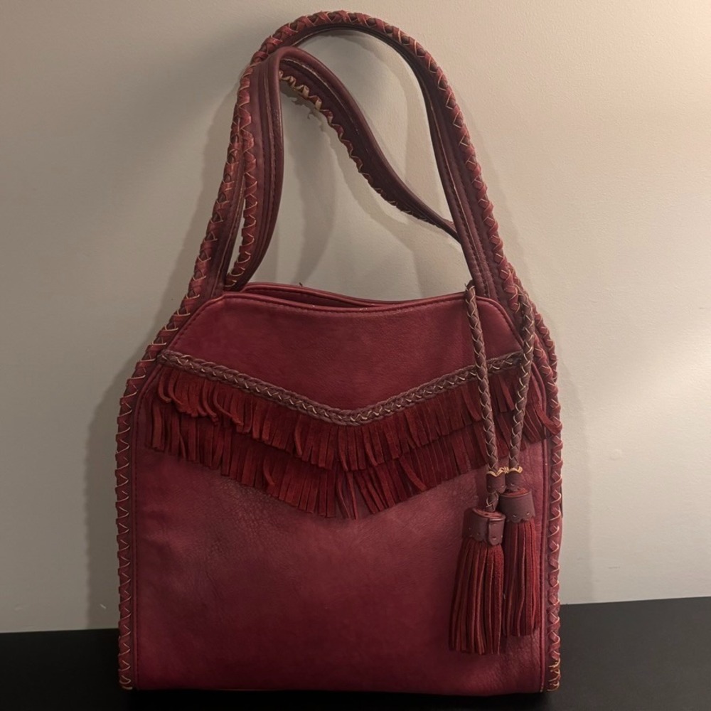 Steven By Steve Madden Maroon Leather Fringe Tassled Shoulder Bag Boho